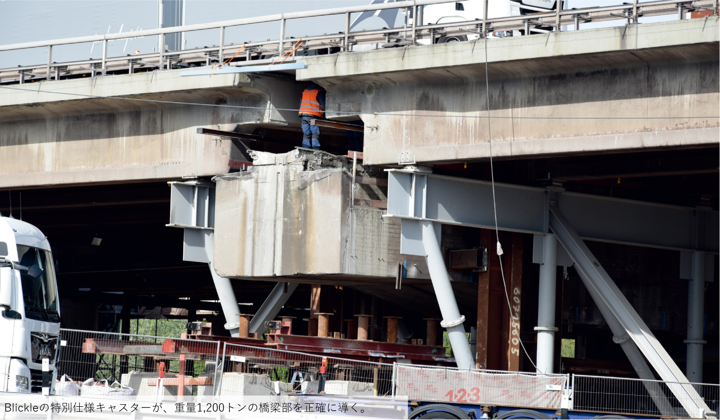 橋梁部を確実に降下するのに役立ち、重量1,200トンの構造物を誤差なく移動するBlickle重荷重仕様キャスター